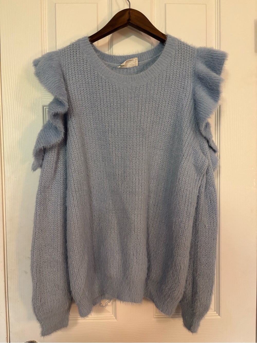 Love Riche Powder Blue Ruffle Cold Shoulder Crew Neck Sweater